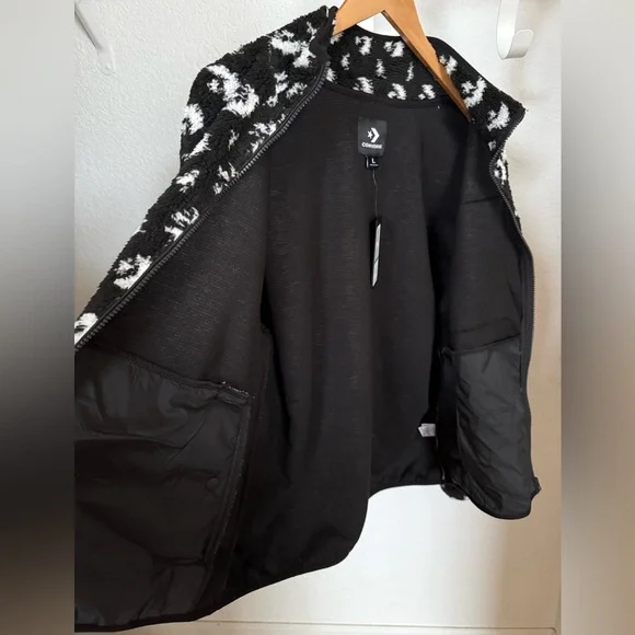 🖤🤍Converse Black and White Patterned Fleece Teddy Full Zip Jacket NWT Size Large - Picture 7 of 12